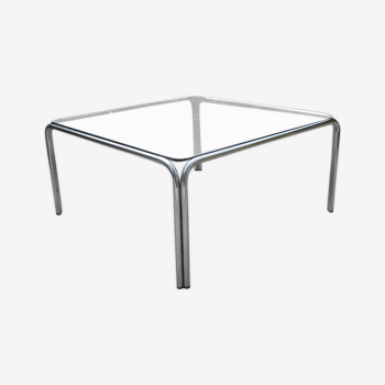 Table basse carrée design metal chrome verre fumé