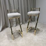 Mid-Century Modern Z Frame Bar Stools in Gold and Natural Shearling - Pair