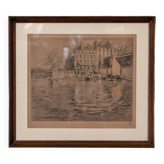 Engraving René Pinard L'Ile Feydeau Nantes boats 1926 countersigned