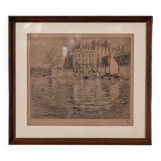 Gravure René Pinard L'Ile Feydeau Nantes bateaux 1926 contresignée