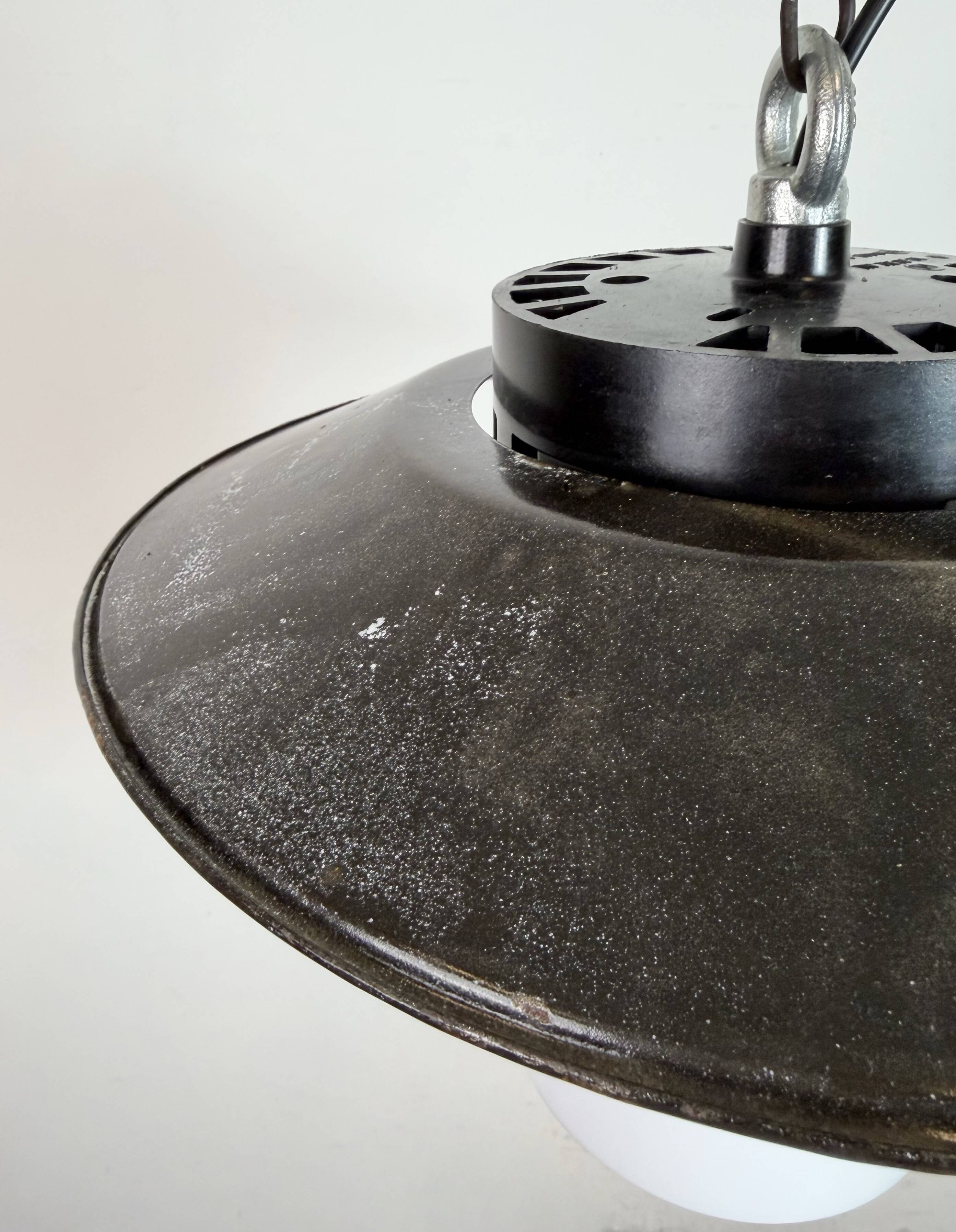 Industrial Grey Enamel Pendant Lamp with Milk Glass, 1960s