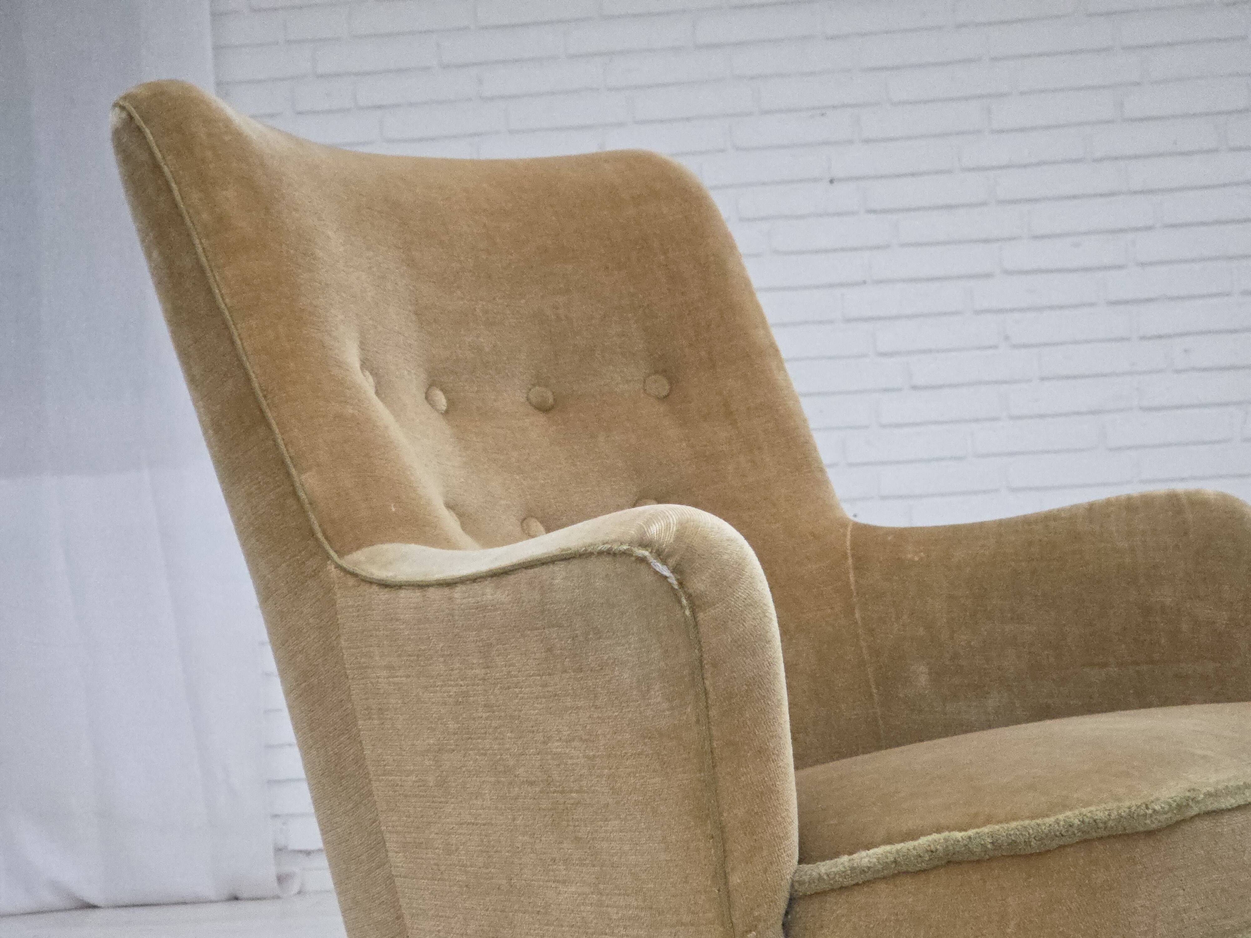 1970s, Danish armchair., original light green furniture velour.