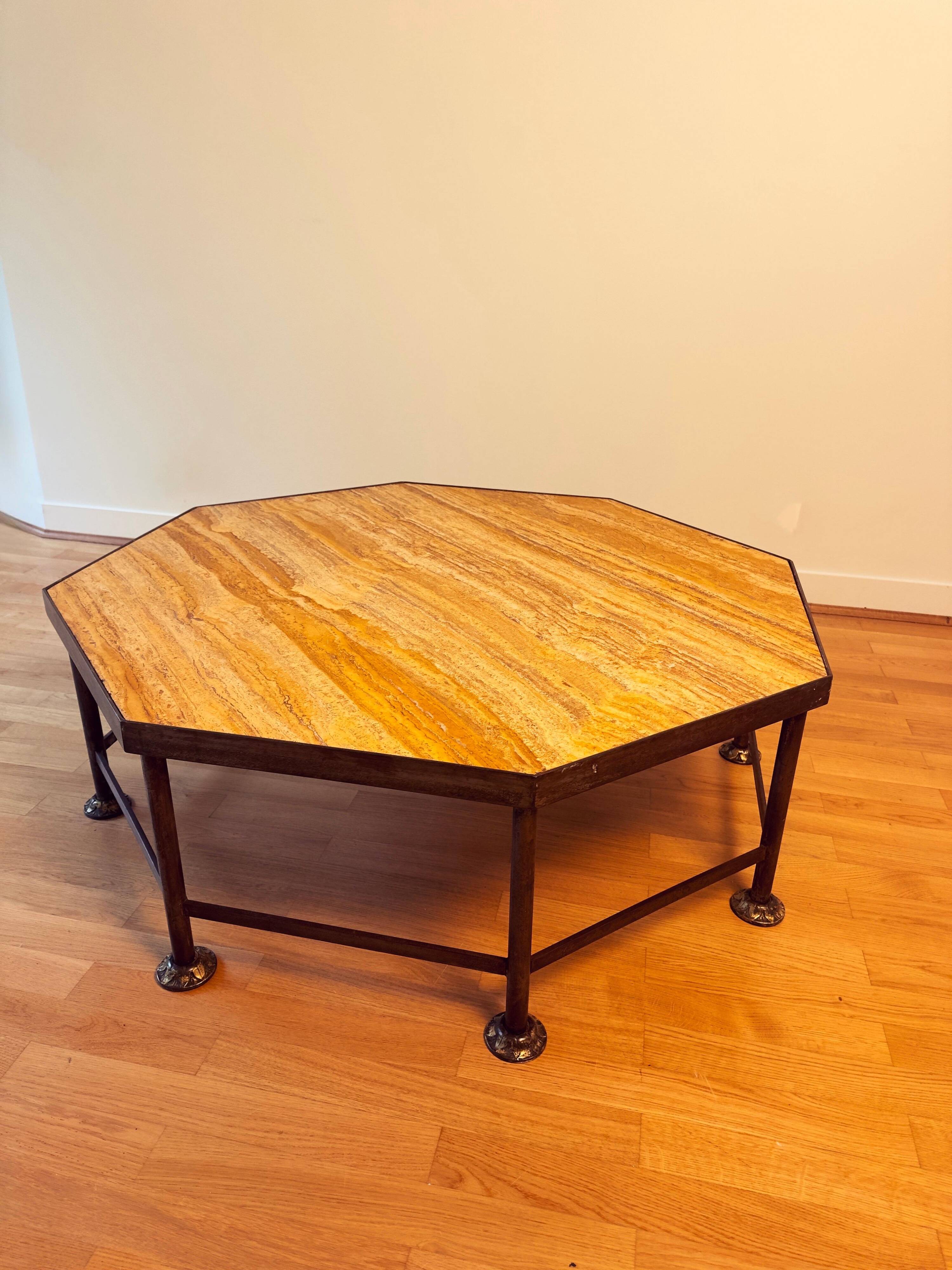 French Octagonal Travertine Coffee Table in the Style of Maison Jansen, 1960s