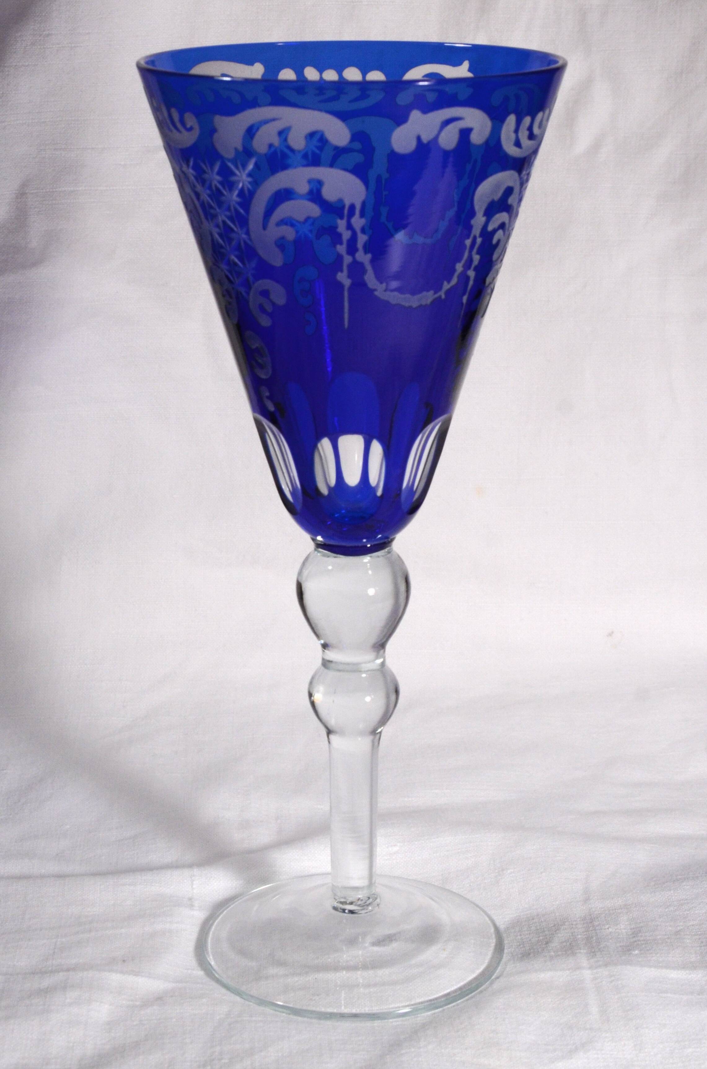 Cobalt blue patterned stem glass and frosted glass, 10x24cm