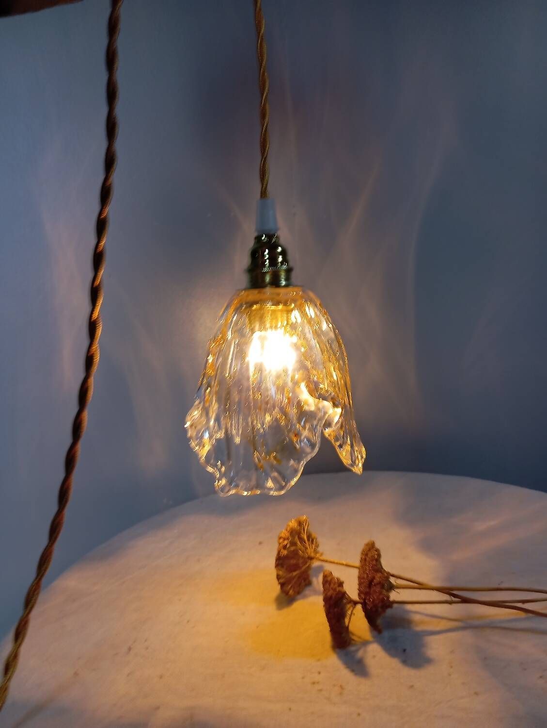 Hanging pendant light thick transparent draped and amber glass, vintage