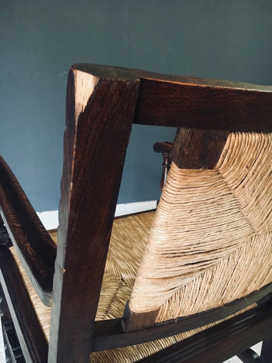 Low Arts & Crafts Oak & Rush Armchair, Belgium 1920s