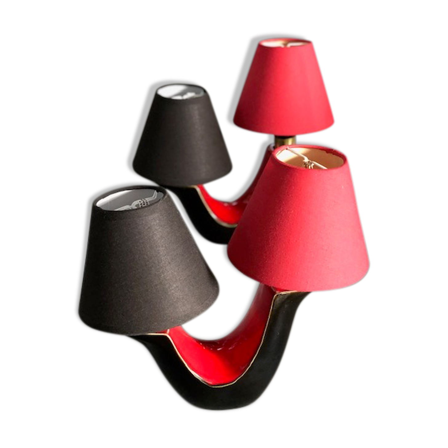 Pair of double fire lamps in red and black ceramic 50s