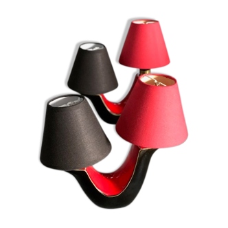 Pair of double fire lamps in red and black ceramic 50s