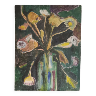 Floral painting on wooden plaque