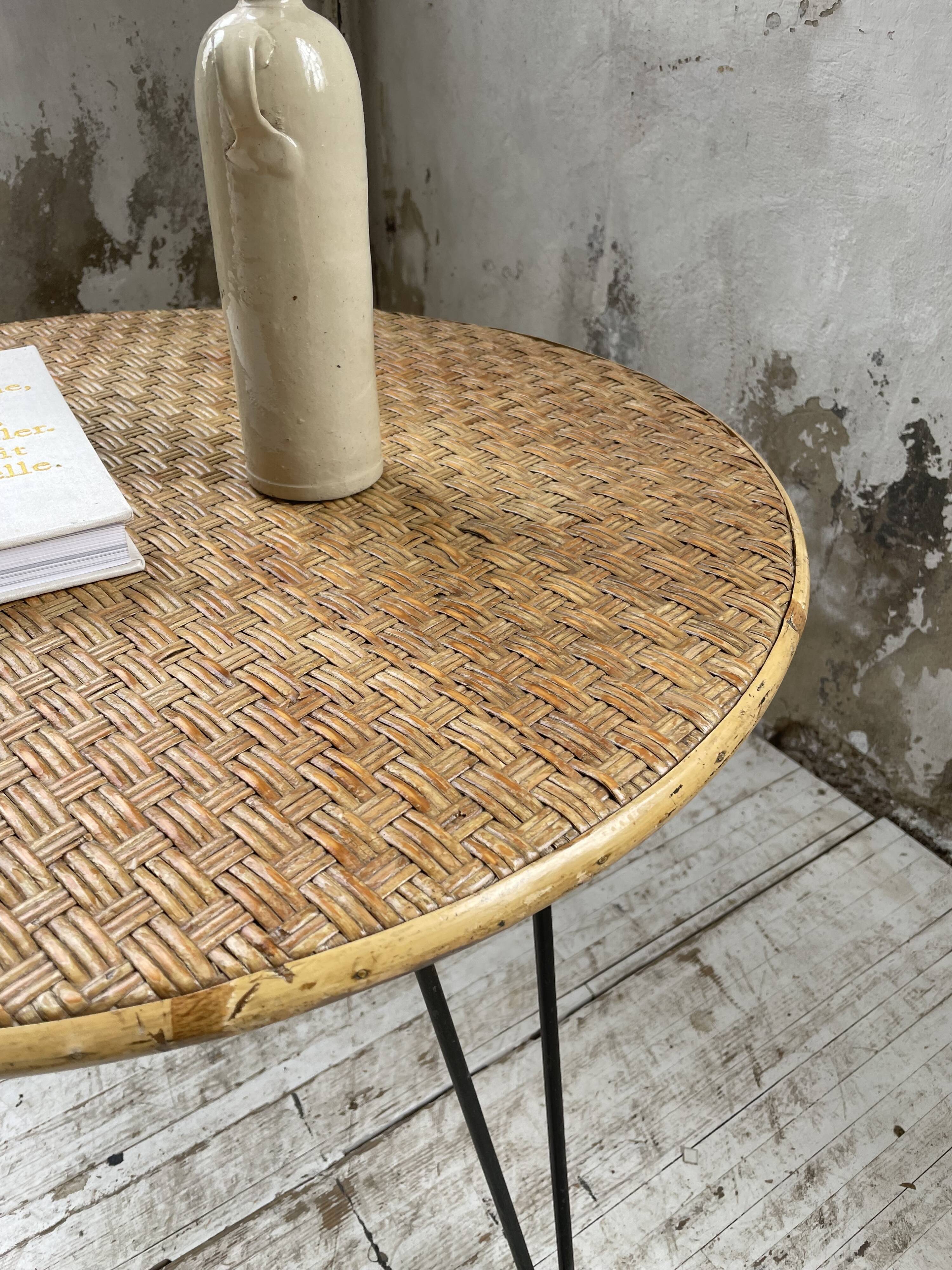 Wicker and metal coffee table from the 1950s