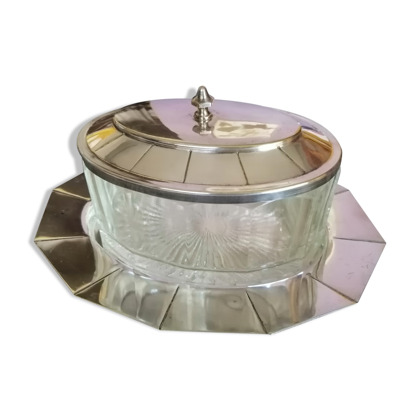 Glass sugar on art deco silver tray