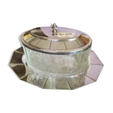 Glass sugar on art deco silver tray