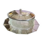 Glass sugar on art deco silver tray