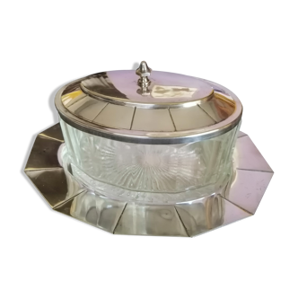 Sucrier en verre sur plateau argenté art déco