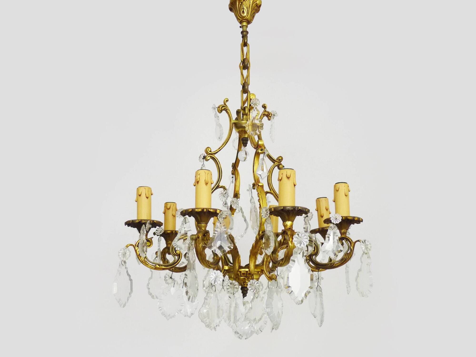 Bronze cage chandelier with glass pendants, 8 lights. tassel chandelier. 60s