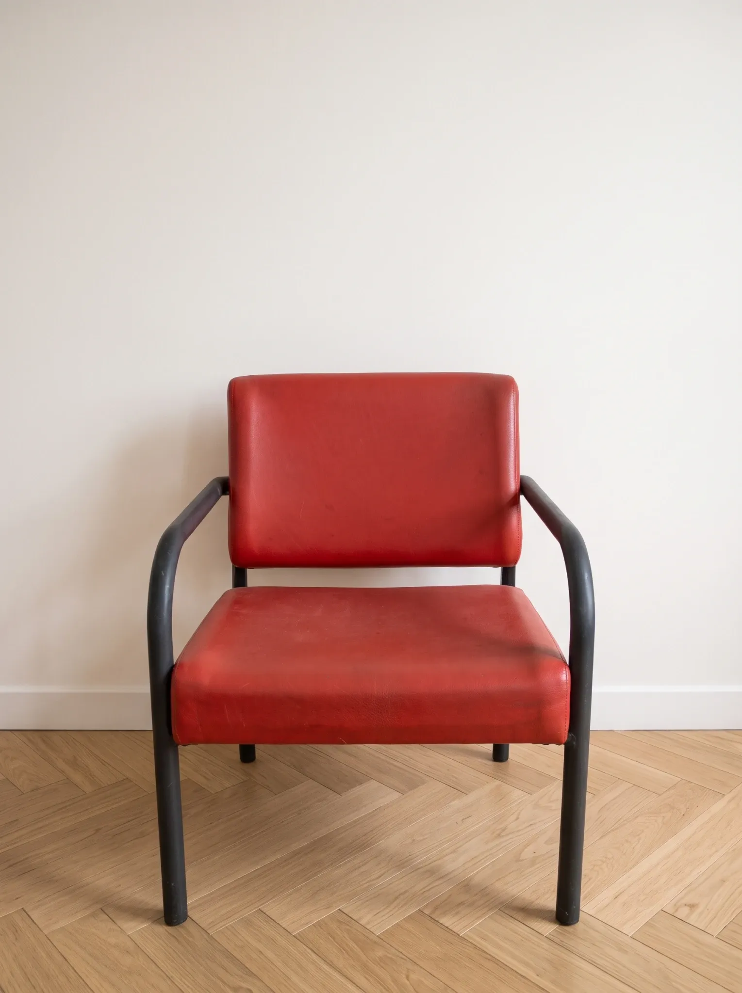 3 red leather and metal armchairs