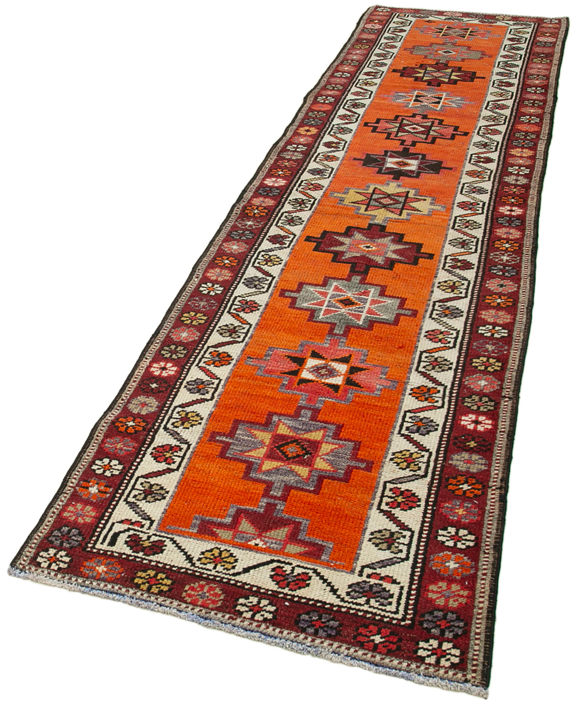 Hand-knotted antique turkish orange runner rug 90 cm x 382 cm