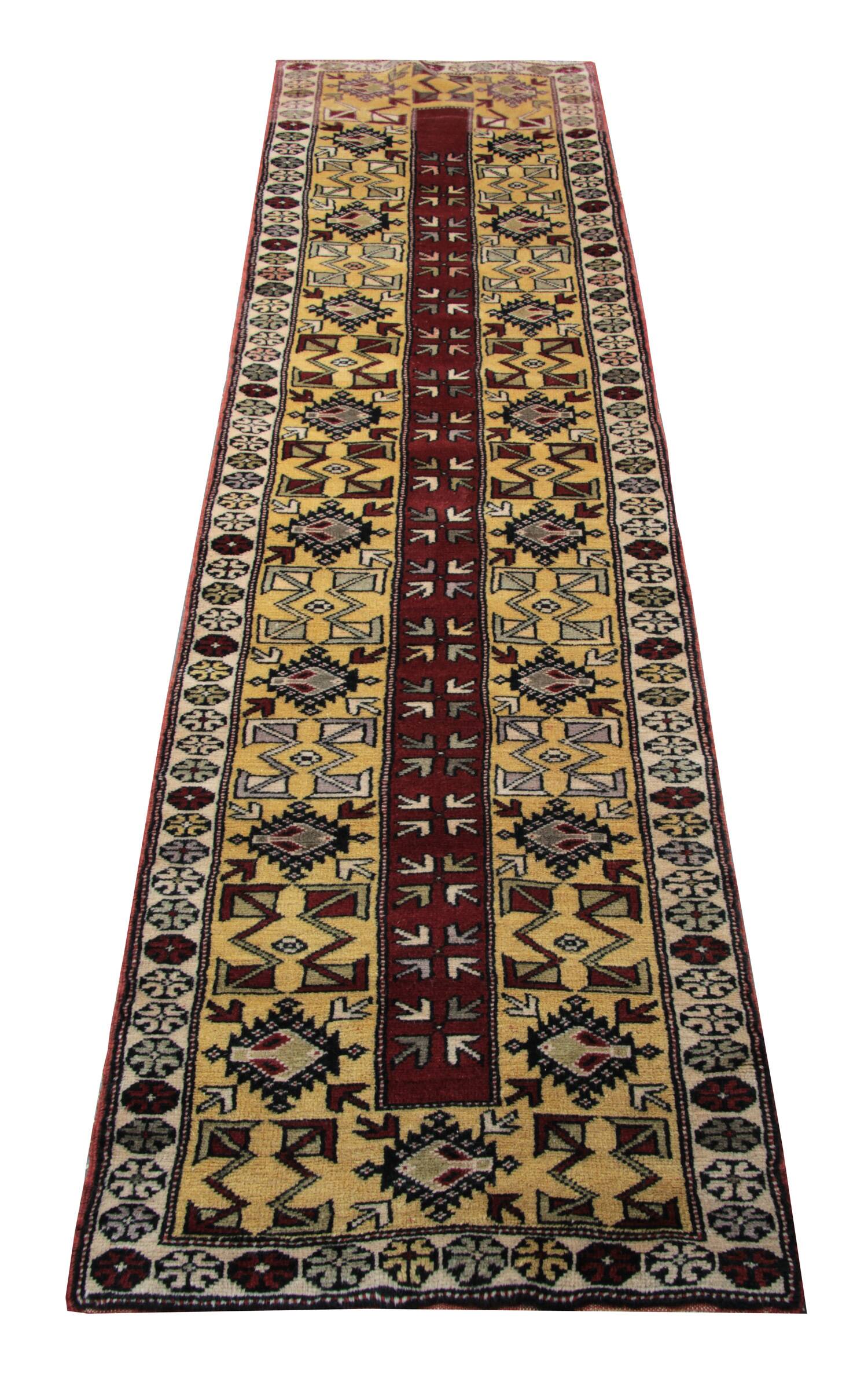 Rustic Mustard Burgundy Runner, Vintage Turkish Milas Wool Runner 81x286cm