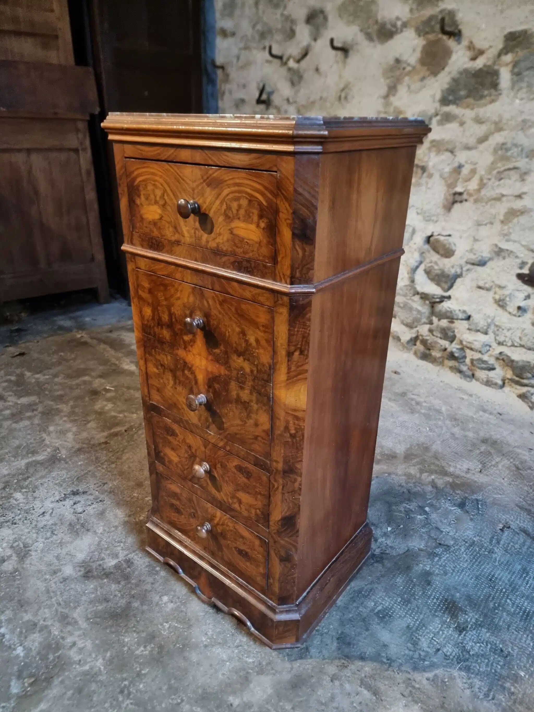 French antique bedside table in oak with walnut burl veneer, circa 1900.