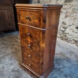 French antique bedside table in oak with walnut burl veneer, circa 1900.