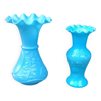 Set of two small vases in blue opaline glass paste
