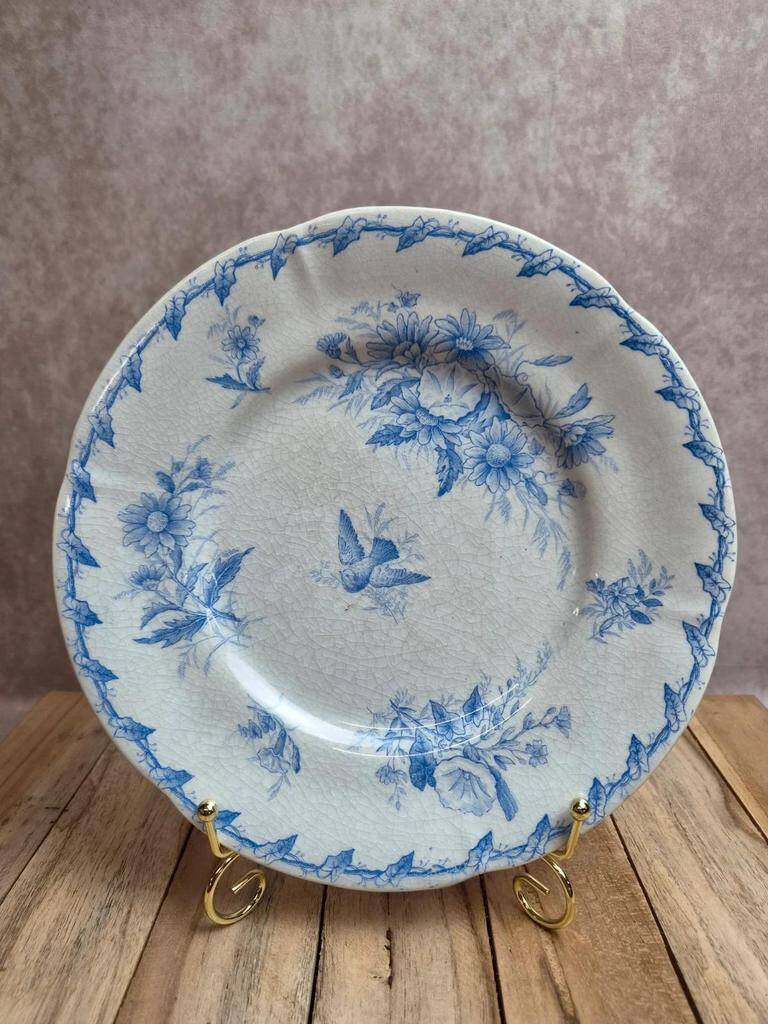 Assiette ancienne Gien Liserons – Décor oiseaux et fleurs bleu
