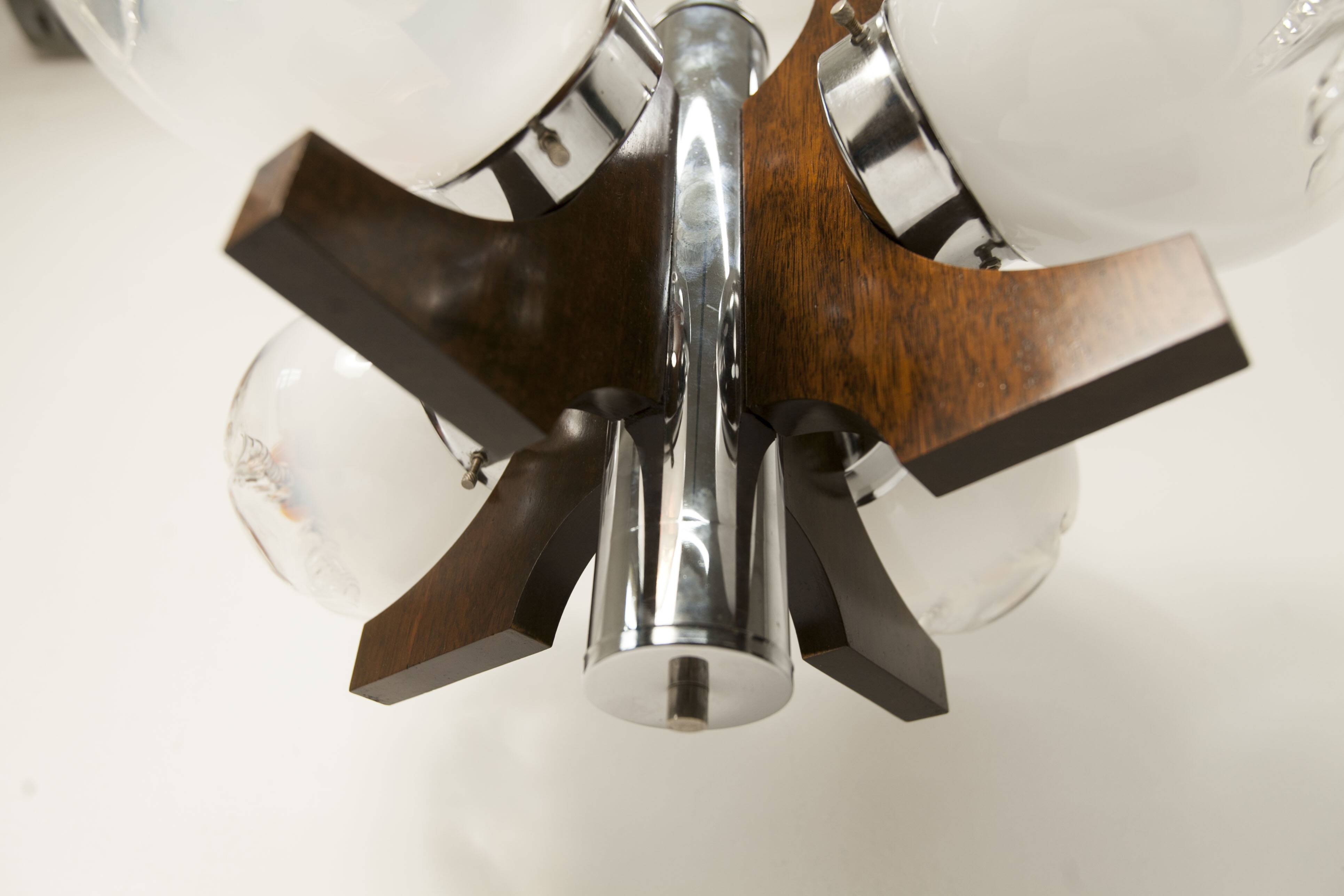 Mazzega Murano chandelier with 4 balls and teak, 1960