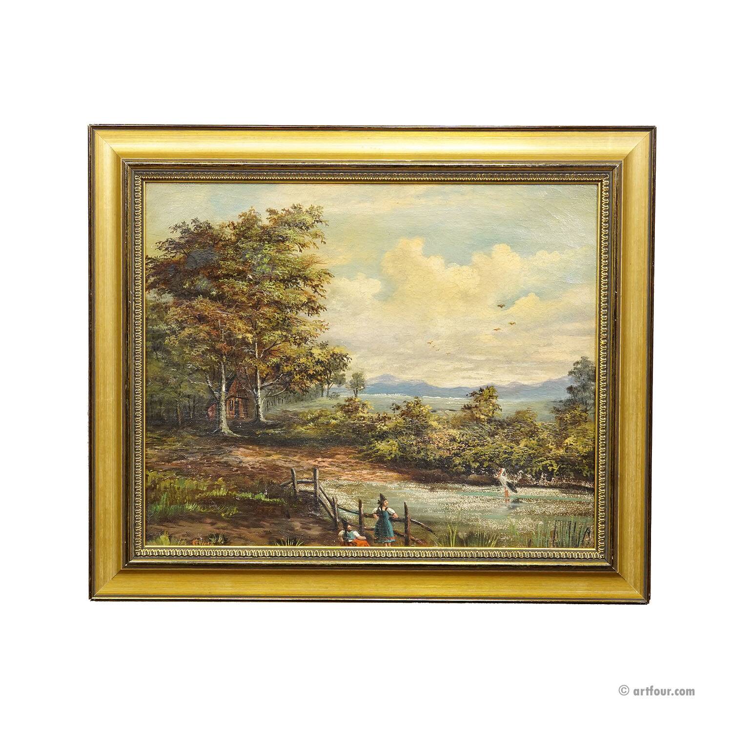 19th-century Biedermeier landscape painting with a lake and trees.