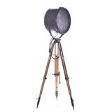 Old industrial spot on wooden tripod | vintage spot on 3 leg | tripod floor lamp