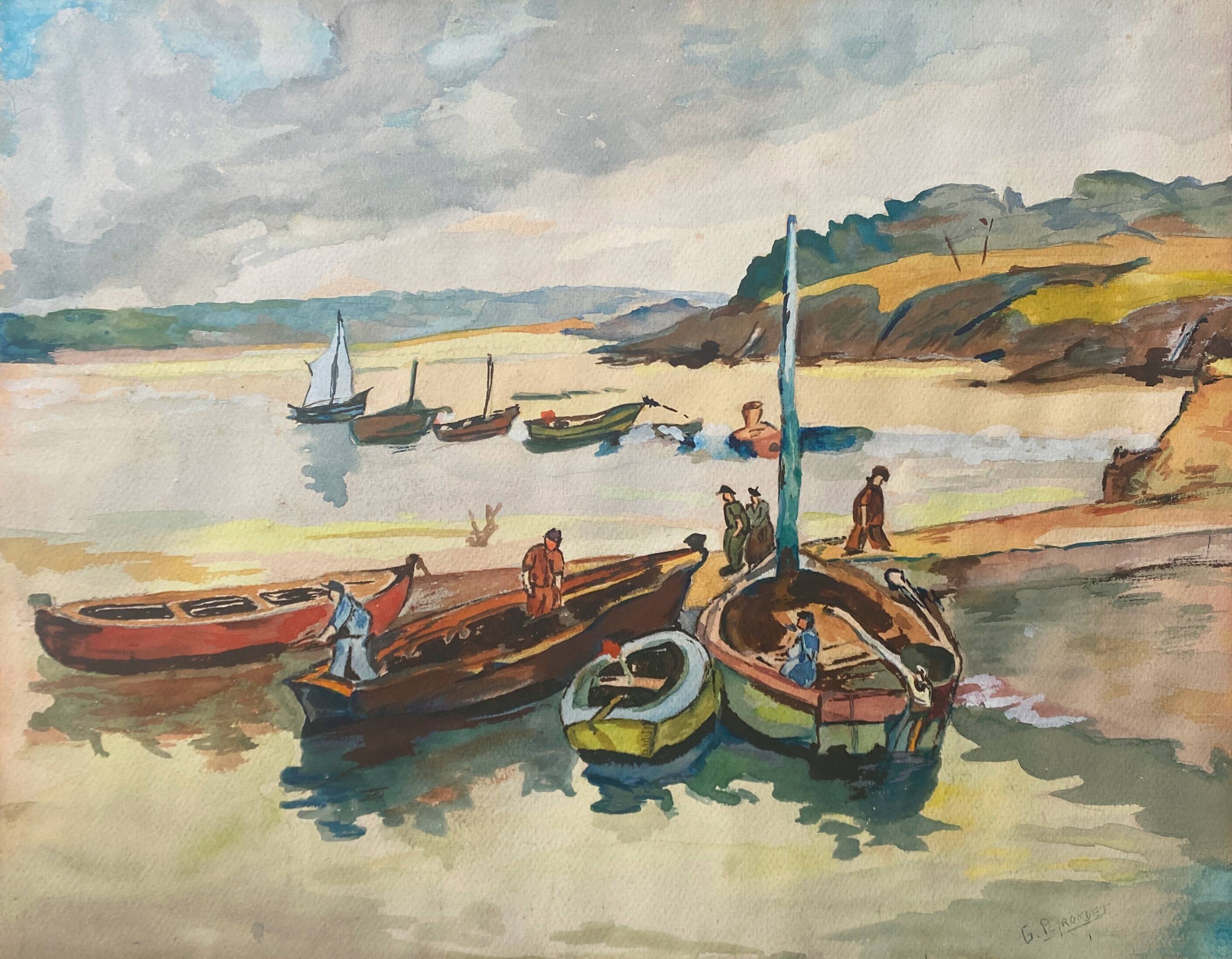 Original Gouache painting "Marin au port" signed G. Peyrondet around 1950