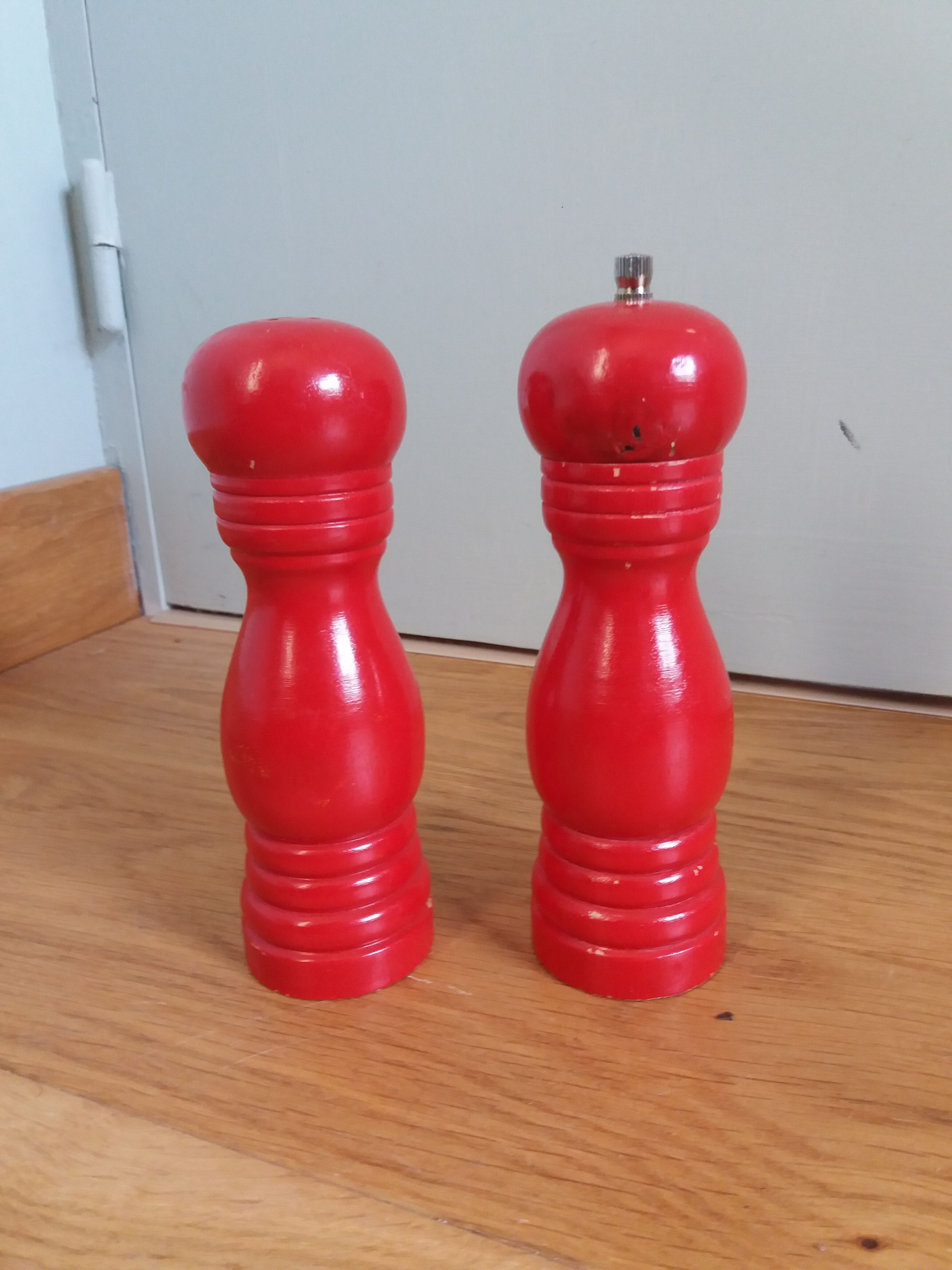 Pepper mill and turned wooden salt shaker