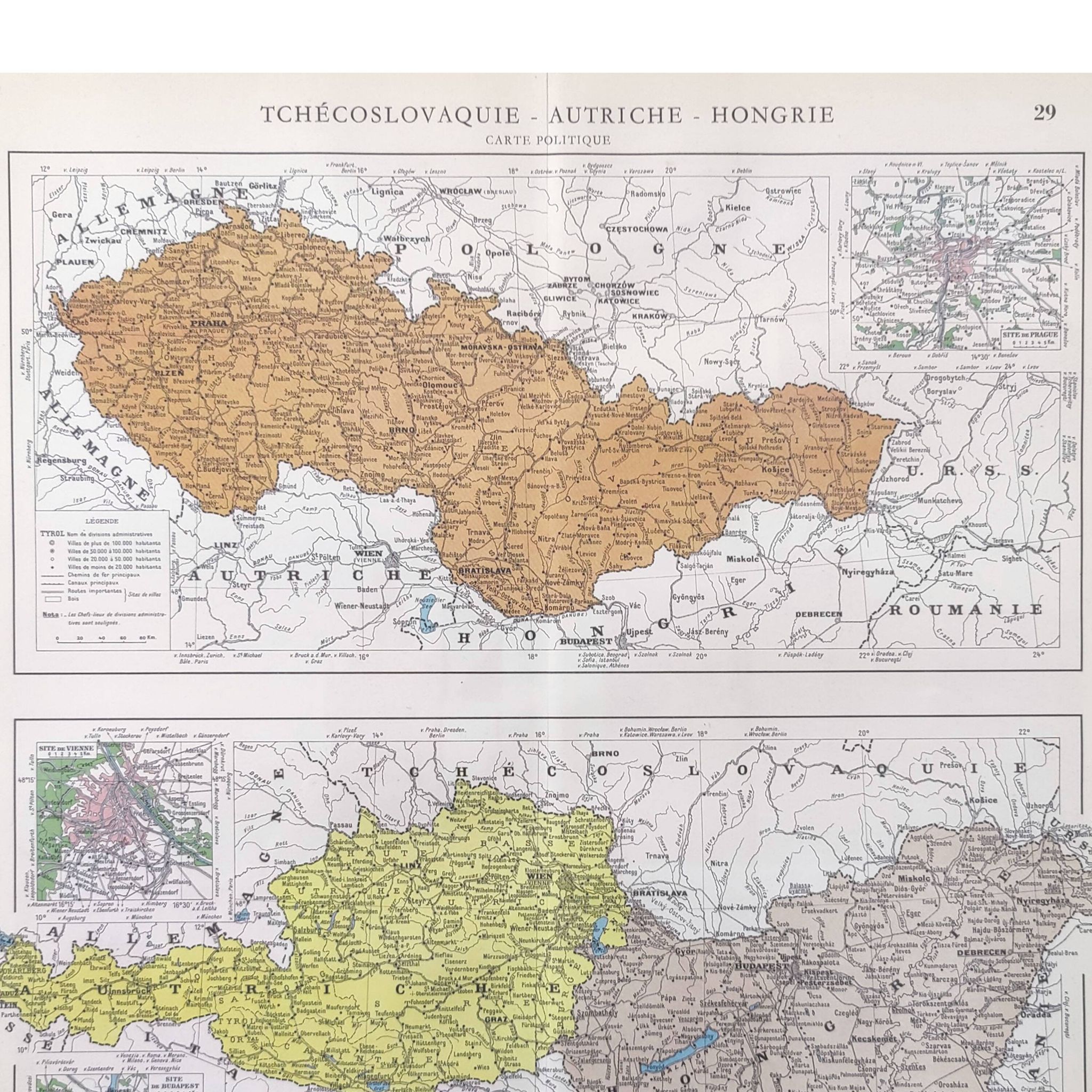 Old map of Austria, Czechoslovakia, Hungary 43x43cm from 1950