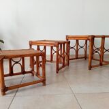 Set of 3 vintage nesting tables in bamboo and woven rattan