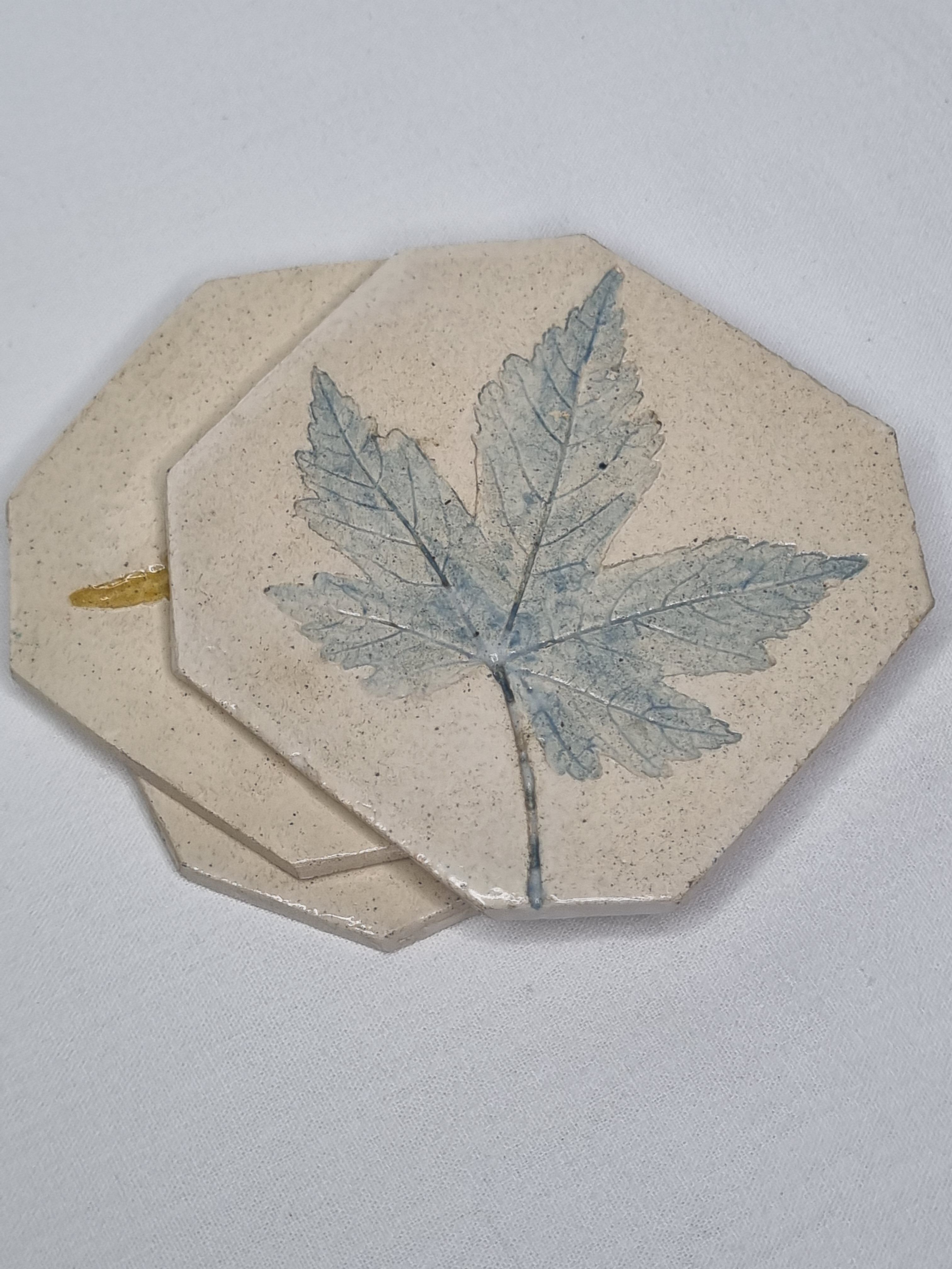 Three enamelled ceramic under glass, footprints of plants from Canada
