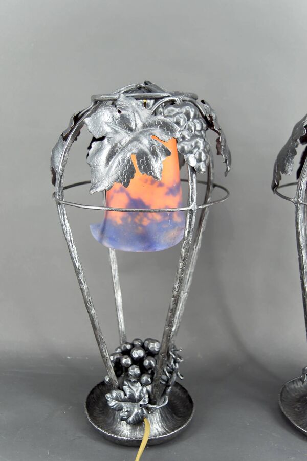 Paire de Lampes Fer Forgé, Thème de la Vigne, Müller Frères, Art Déco, 1925