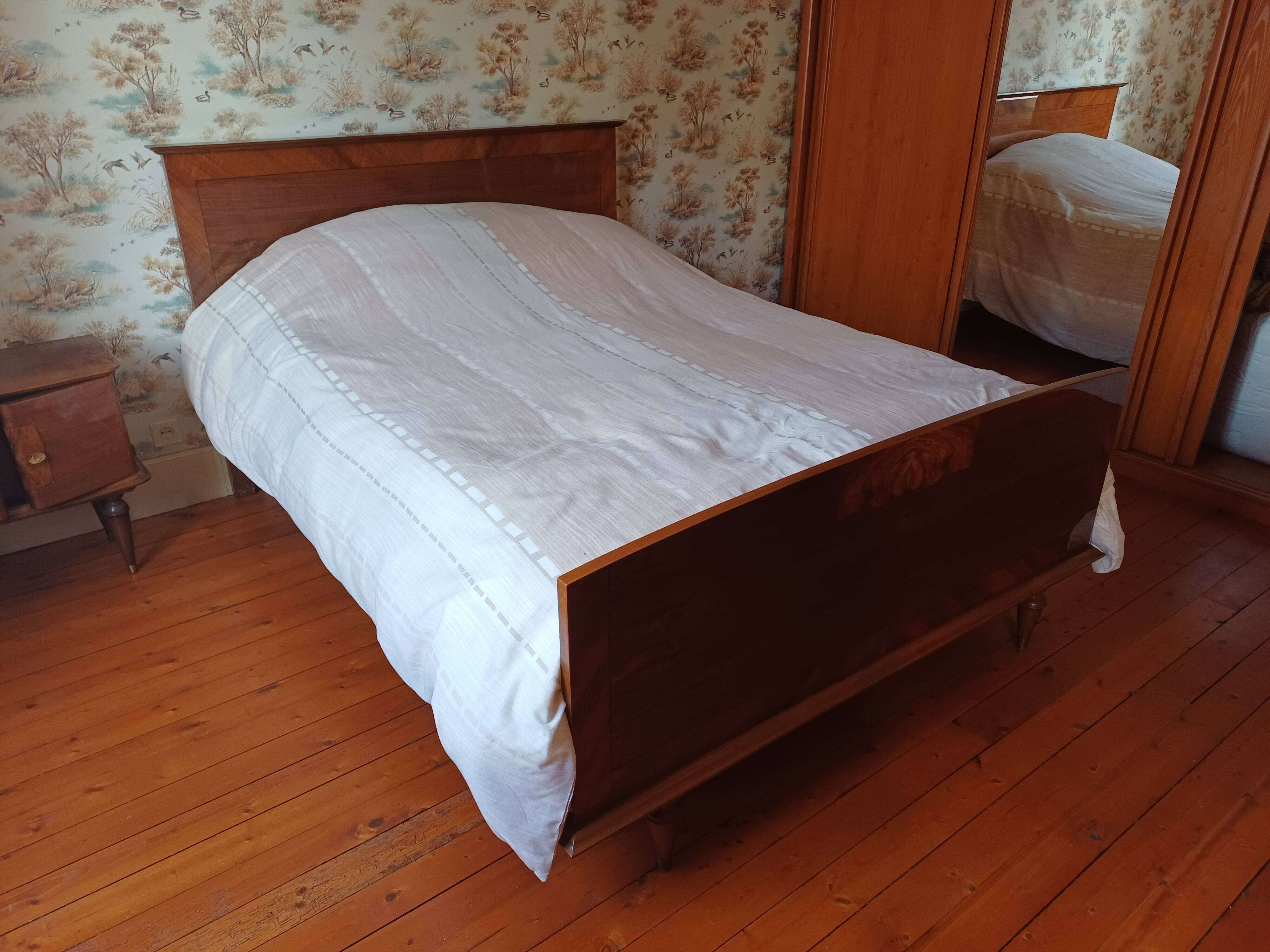 140 cm varnished wood bed from the 1970s