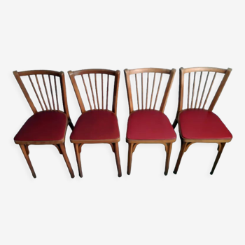 Set of four Baumann bistro chairs n°12 in solid beech and red skaï