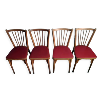 Set of four Baumann bistro chairs n°12 in solid beech and red skaï