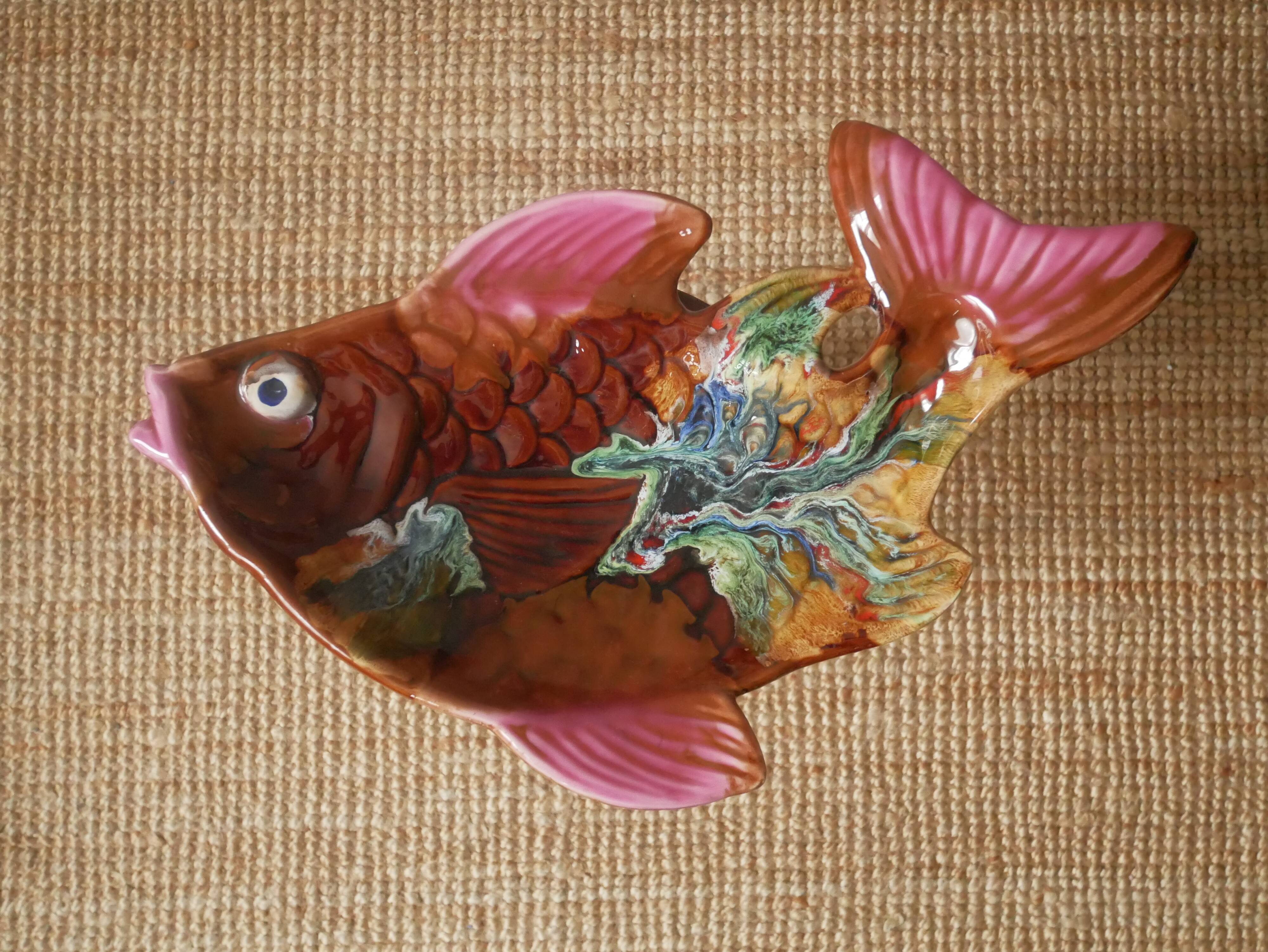 Colorful ceramic fish handcrafted pottery handmade retro kitch hand painted