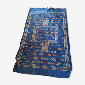 Beautiful blue Kilim Berber carpet multicolored 227×134cm