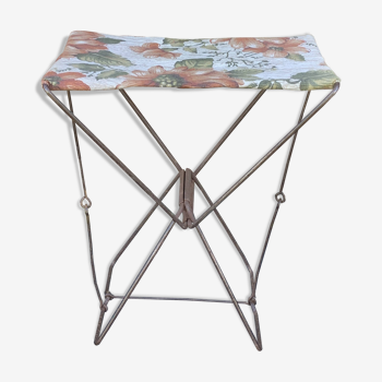 FISHING STOOL, FOLDING camping metal structure and floral pattern canvas, vintage 1970