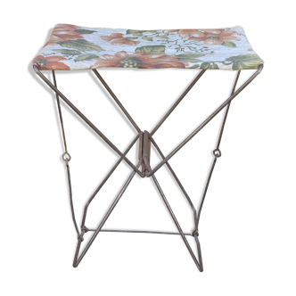 FISHING STOOL, FOLDING camping metal structure and floral pattern canvas, vintage 1970