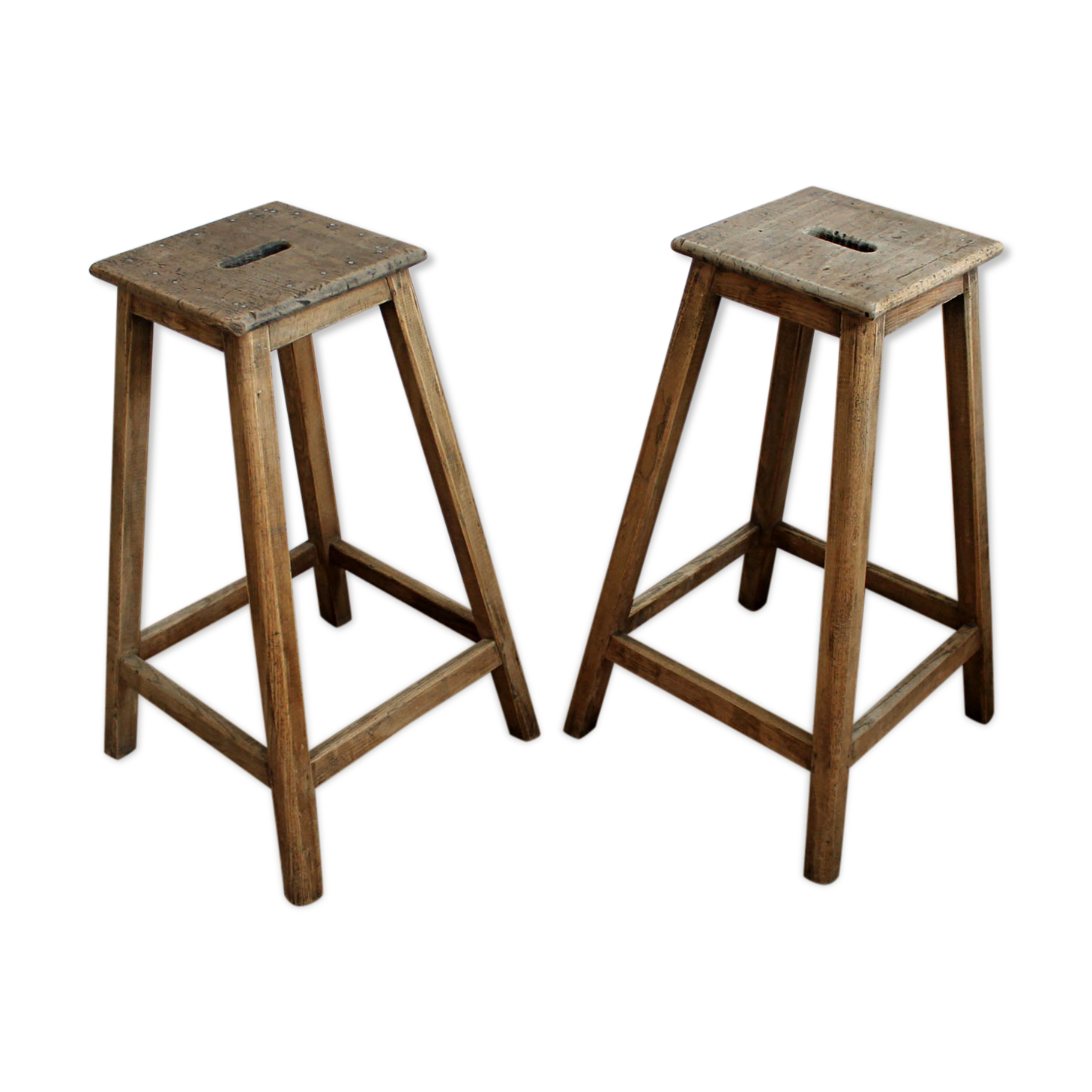 Pair of high workshop stools in raw wood