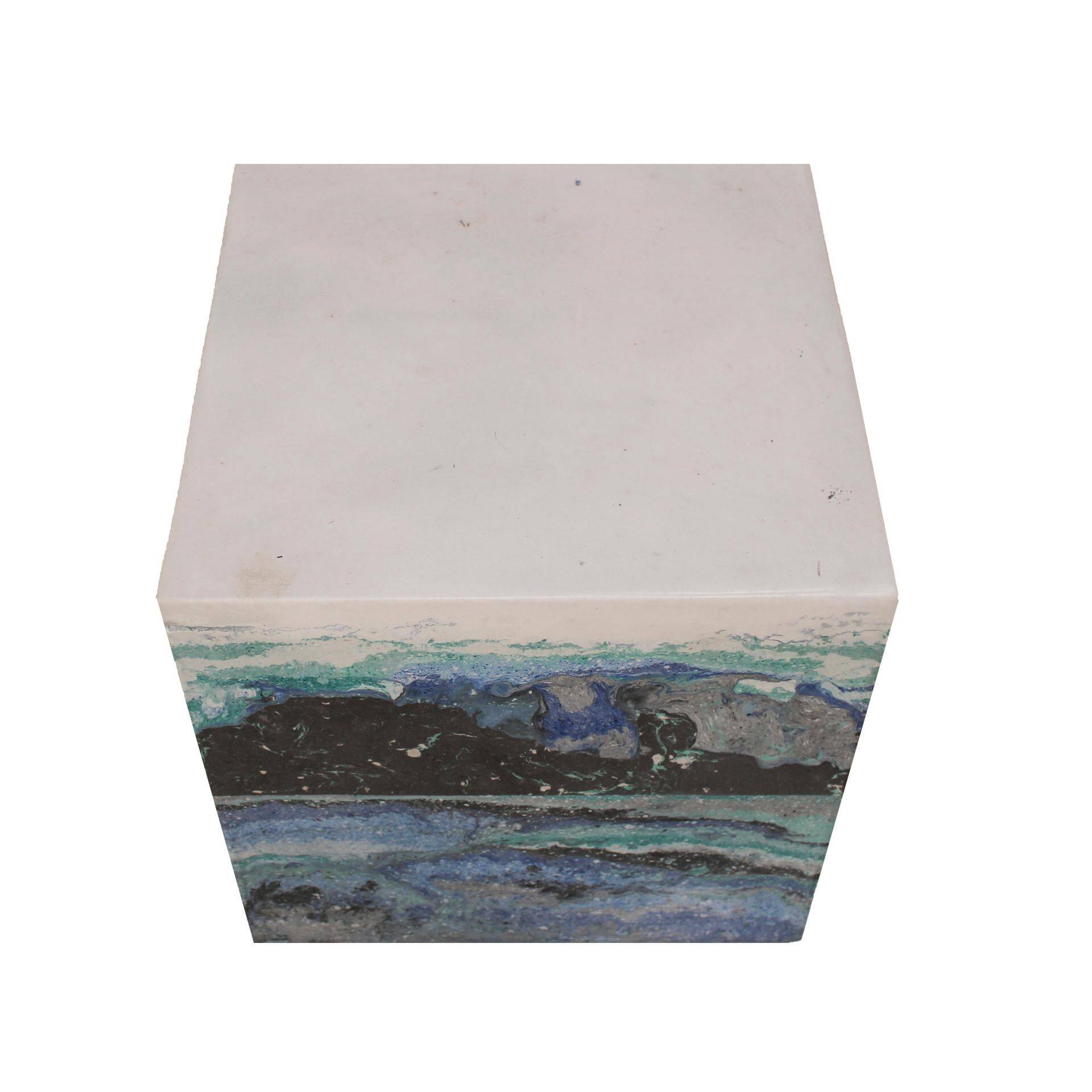 Contemporary Blue Stucco Marble Spanish Square Side Table
