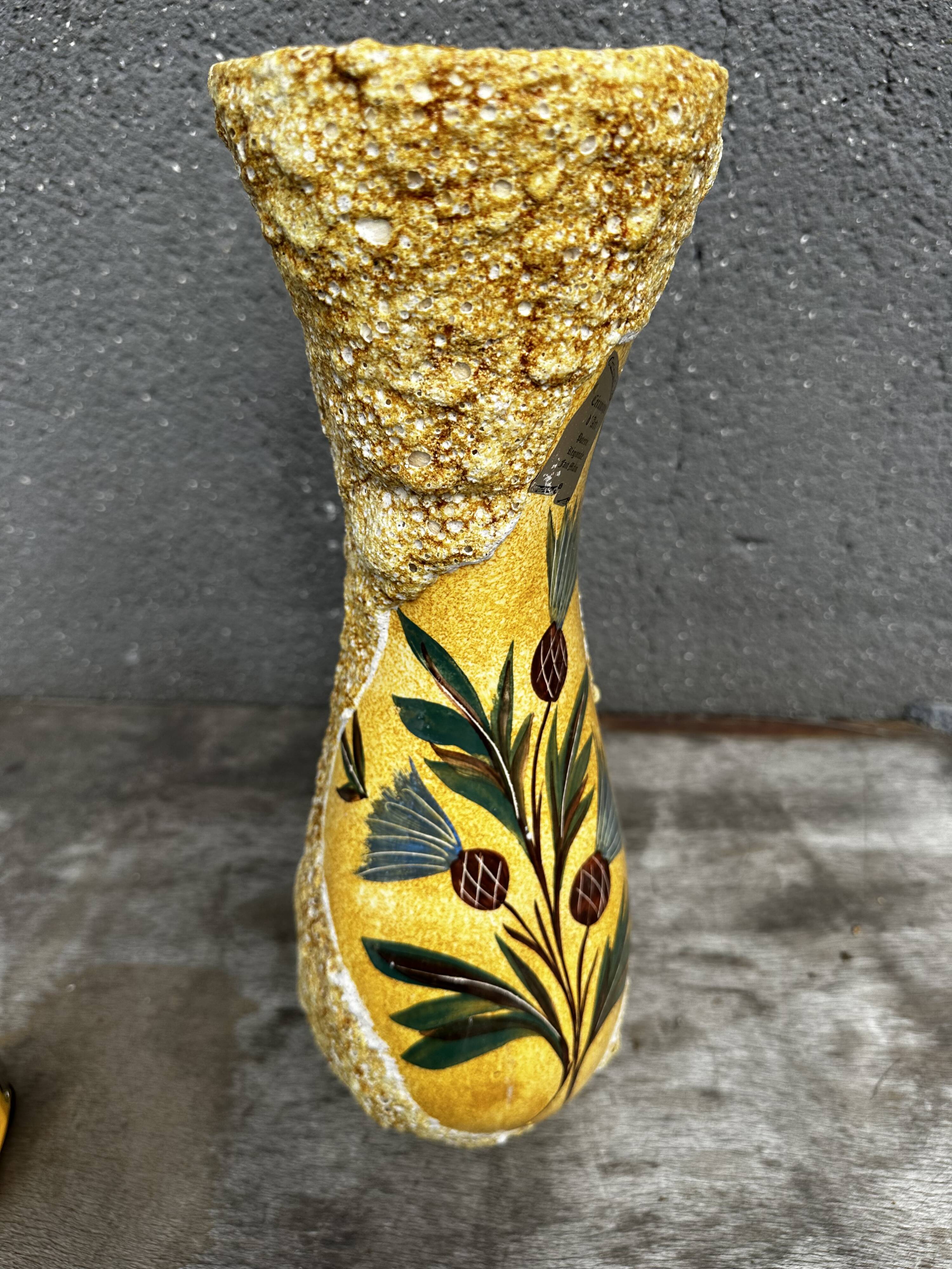 Large Glazed Ceramic Vase with Floral and Fat Lava Decor - Vallauris