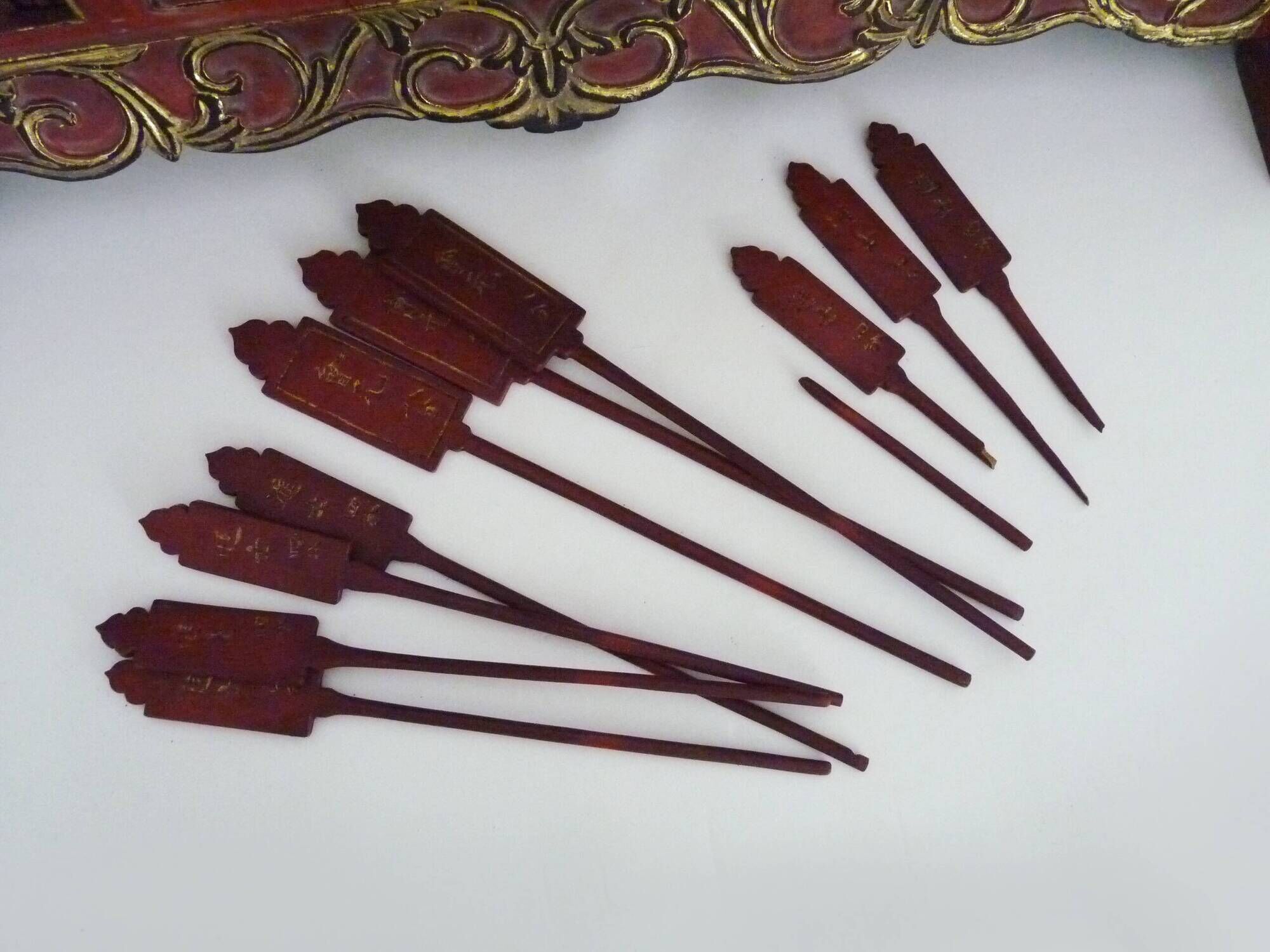Antique Chinese board game in red and gold carved wood. 1950s