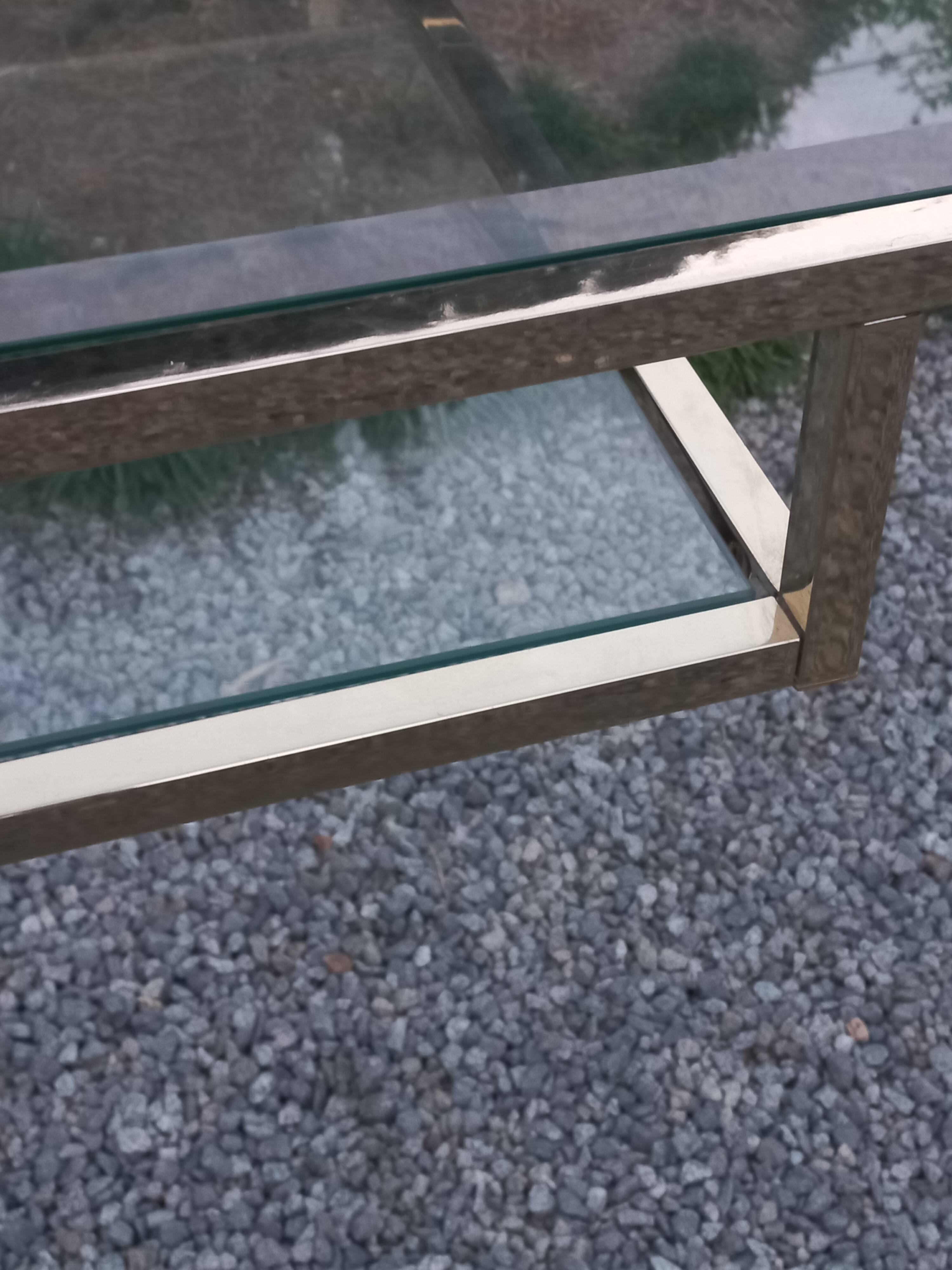 Golden and iridescent metal desk with a glass top from the 70s/80s.