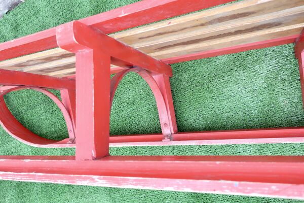 Luge vintage biplace traîneau bois de chêne 1930's 106 cm