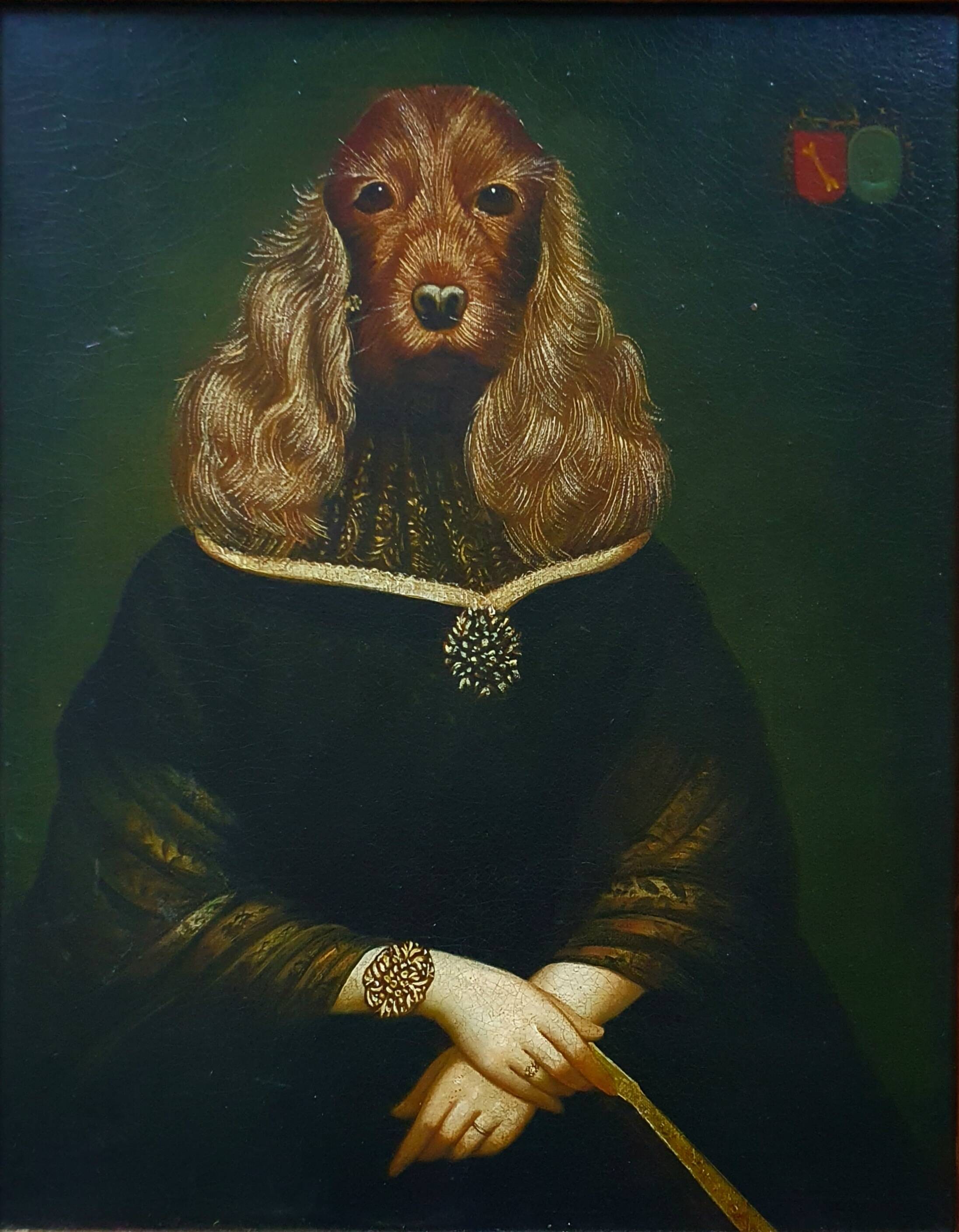 Ancient painting of a woman with a cocker spaniel head signed Taddei.