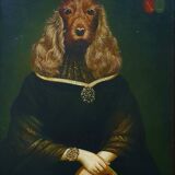 Ancient painting of a woman with a cocker spaniel head signed Taddei.